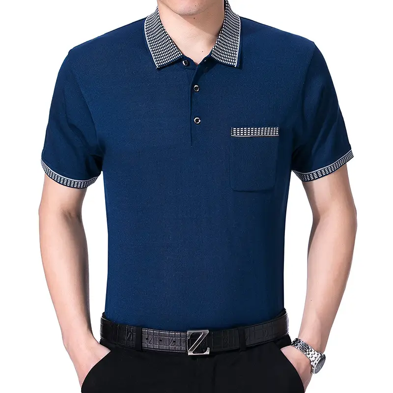 Men Navy Polo Shirt with Embroidered Collar & Sleeve Trim