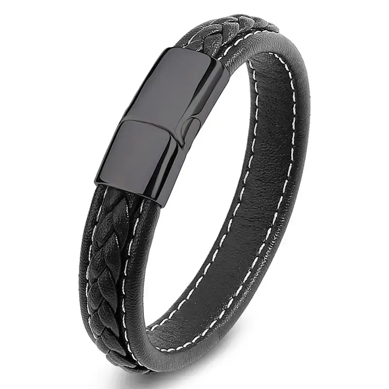 Men's Red Leather Braided Bracelet with Gold Clasp - Image 6