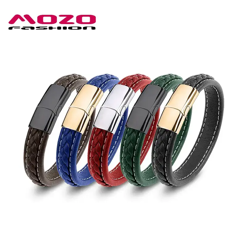 Men's Red Leather Braided Bracelet with Gold Clasp - Image 11