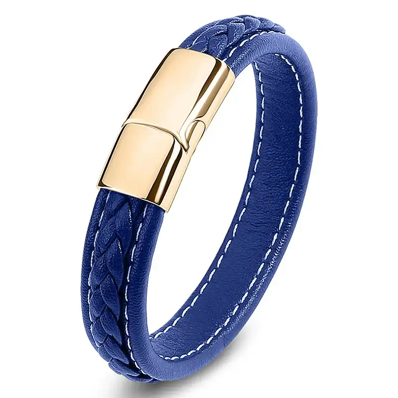 Men's Red Leather Braided Bracelet with Gold Clasp - Image 4