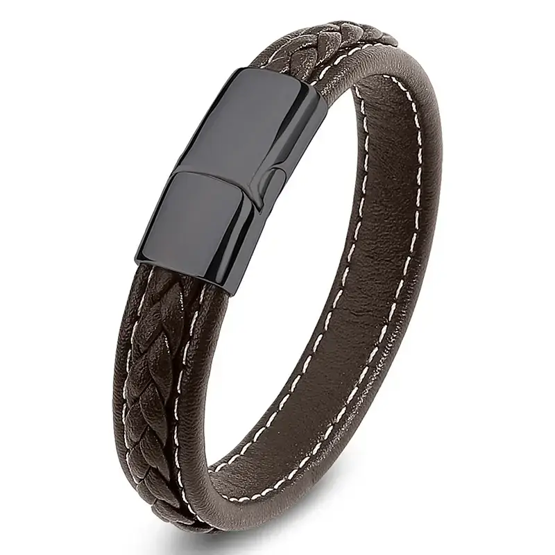 Men's Red Leather Braided Bracelet with Gold Clasp - Image 7