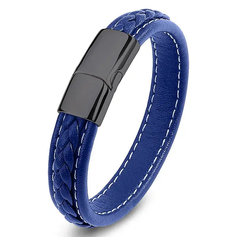 Men's Red Leather Braided Bracelet with Gold Clasp - Image 9