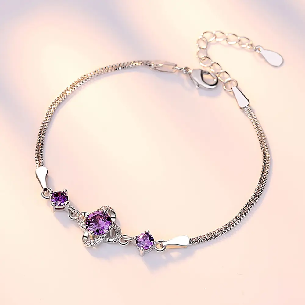 Women's Zircon Leaf Bracelet Set Silver Purple - Image 4