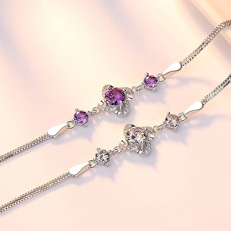 Women's Zircon Leaf Bracelet Set Silver Purple - Image 6
