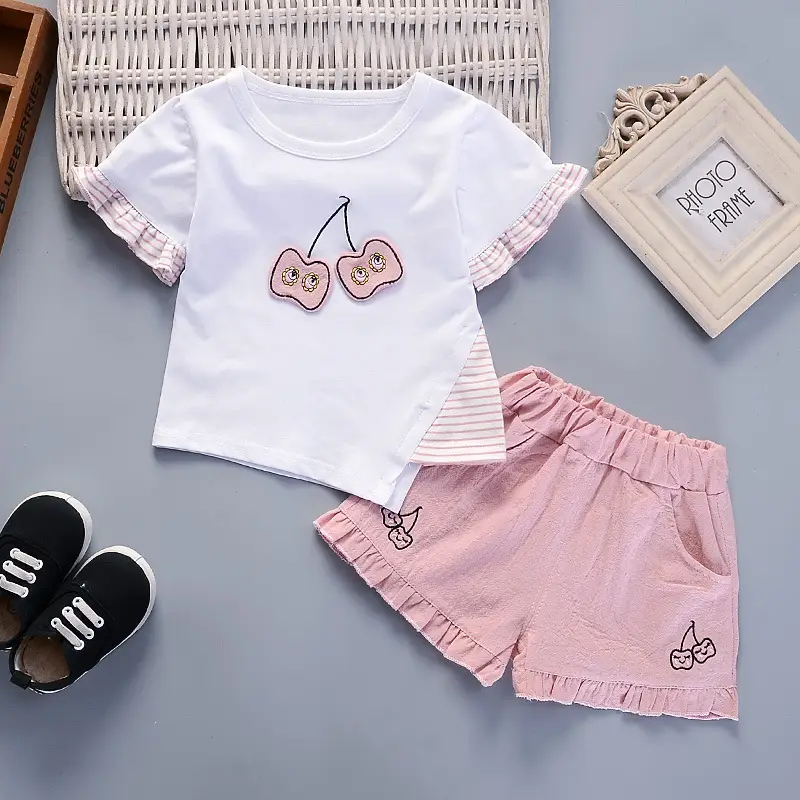 2024 Korean Summer Boys Girls Cotton Cherry Shorts Set - Image 2