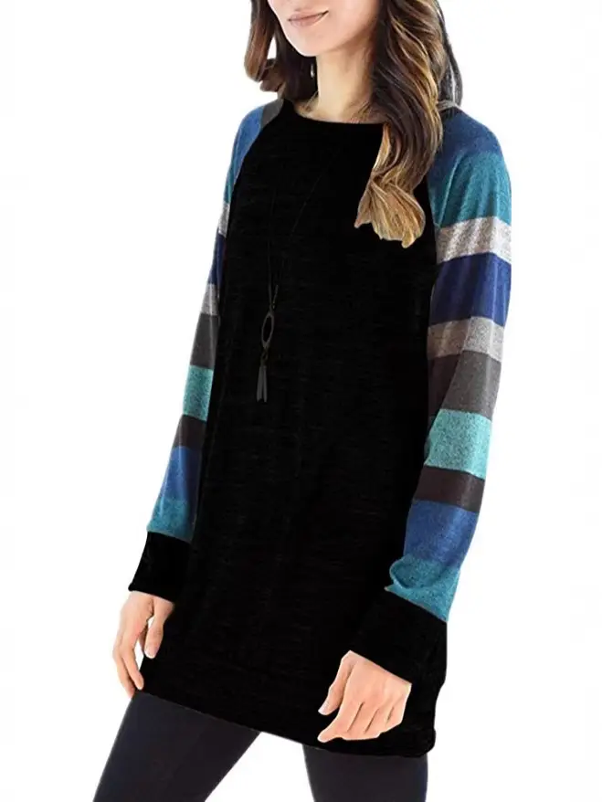 Plus Size Loose Striped Raglan Sleeve T-Shirt Black