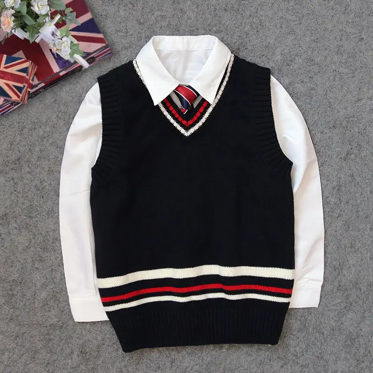 Kids Knitted Sleeveless Vest Navy with Stripes