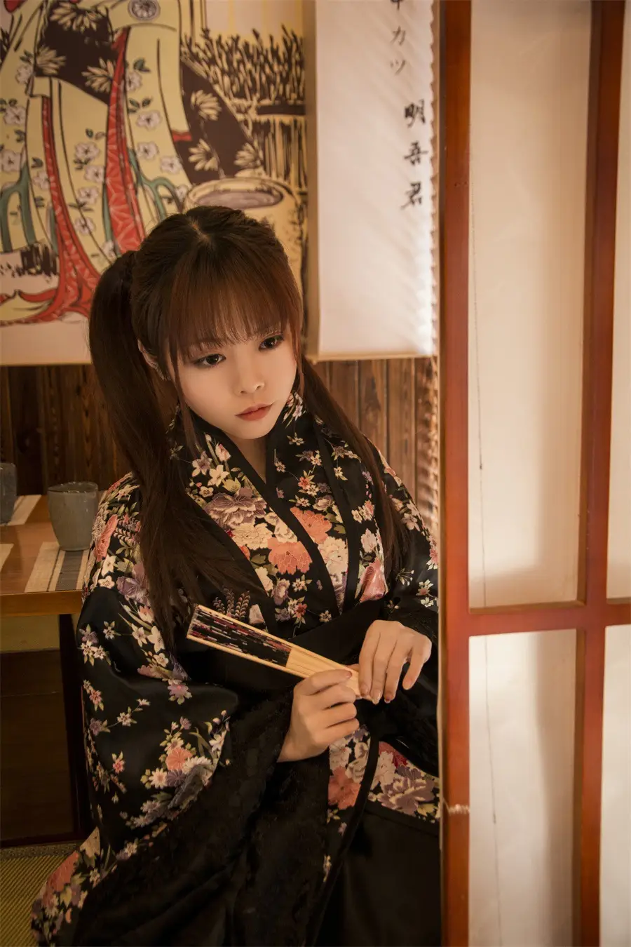 Female Lolita Heavy Sakura Kimono Dress Floral Black — feature 22