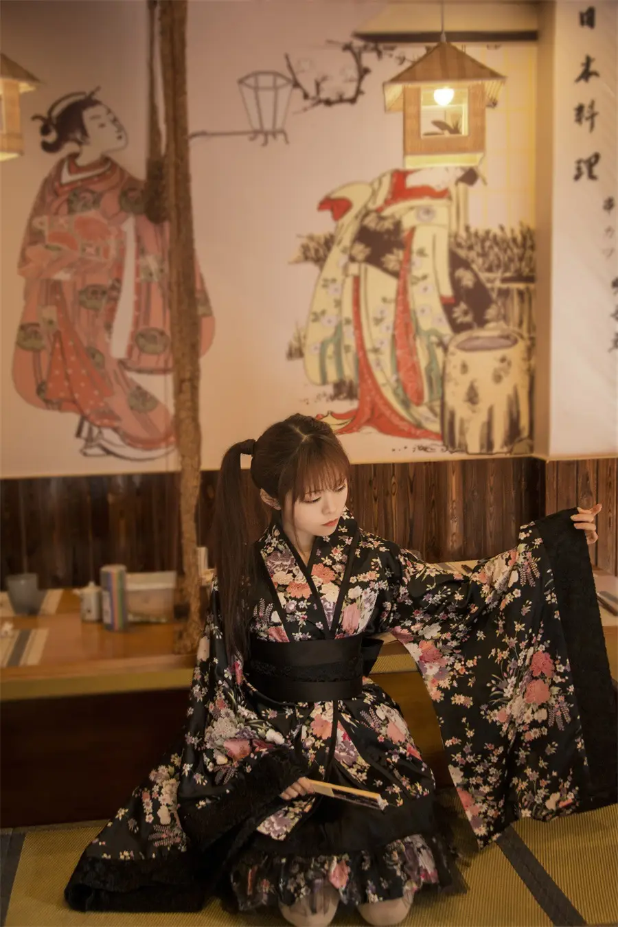 Female Lolita Heavy Sakura Kimono Dress Floral Black — feature 23