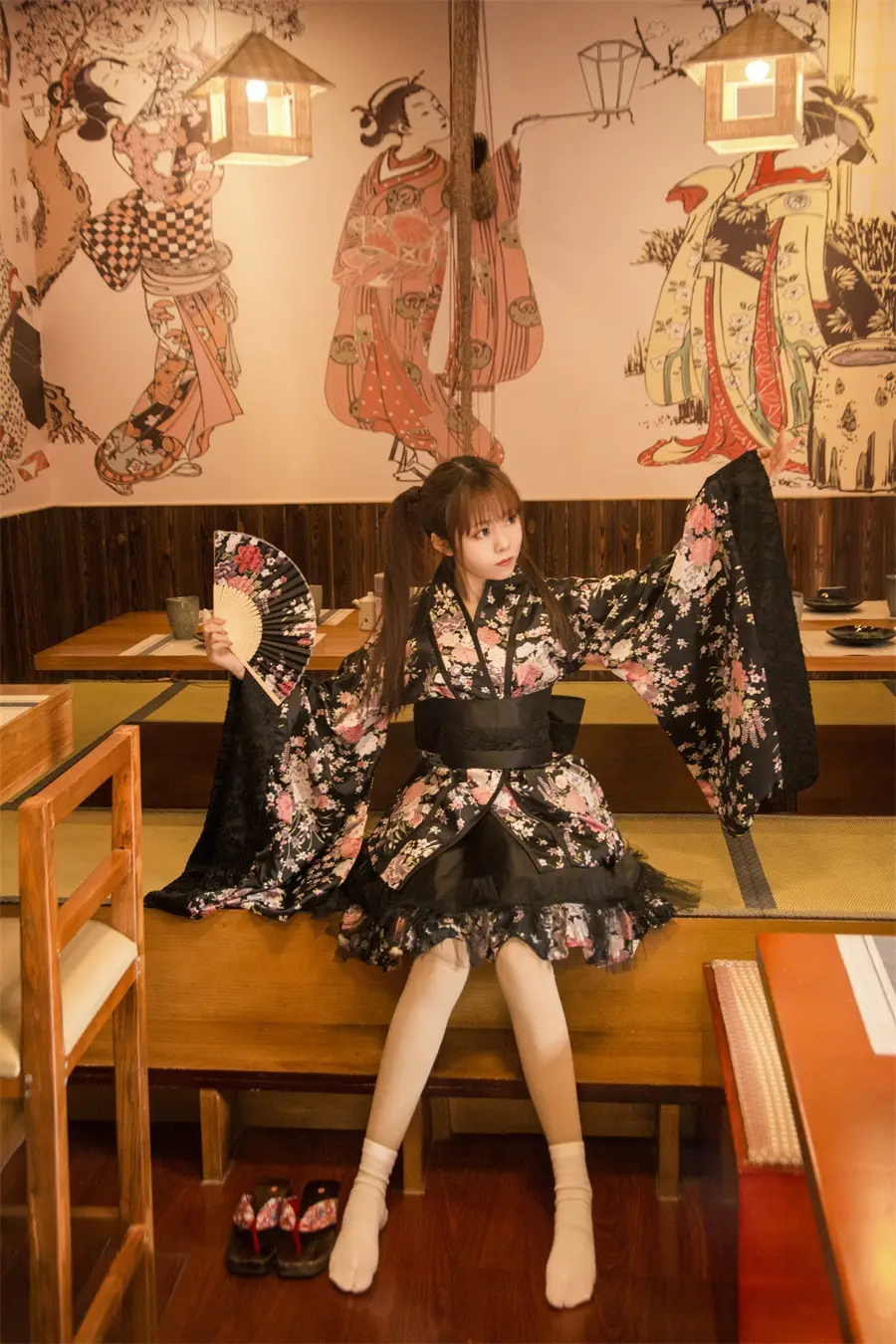 Female Lolita Heavy Sakura Kimono Dress Floral Black — feature 24