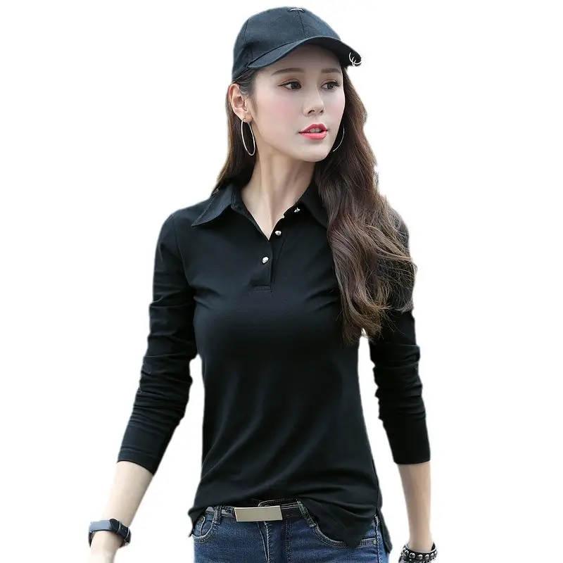 Women Slim Fit Collar Polo Shirt Black Cotton 2026