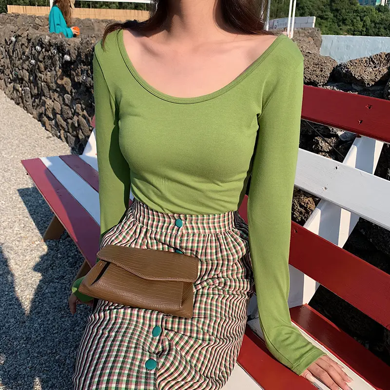 Long Sleeve Base Shirt Women Korean Style Backless T Shirt