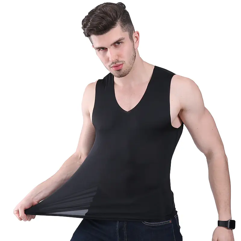 Men Ice Silk V-Neck Stretch Vest Black