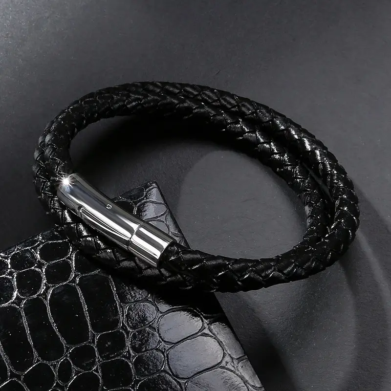 Black Braided Leather Bracelet for Men Women - Image 8