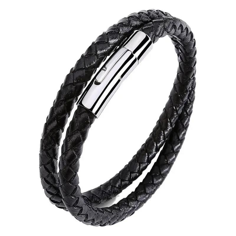 Black Braided Leather Bracelet for Men Women