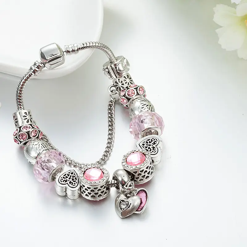 Silver Pink Glass Heart Pendant Bracelet for Women - Image 2