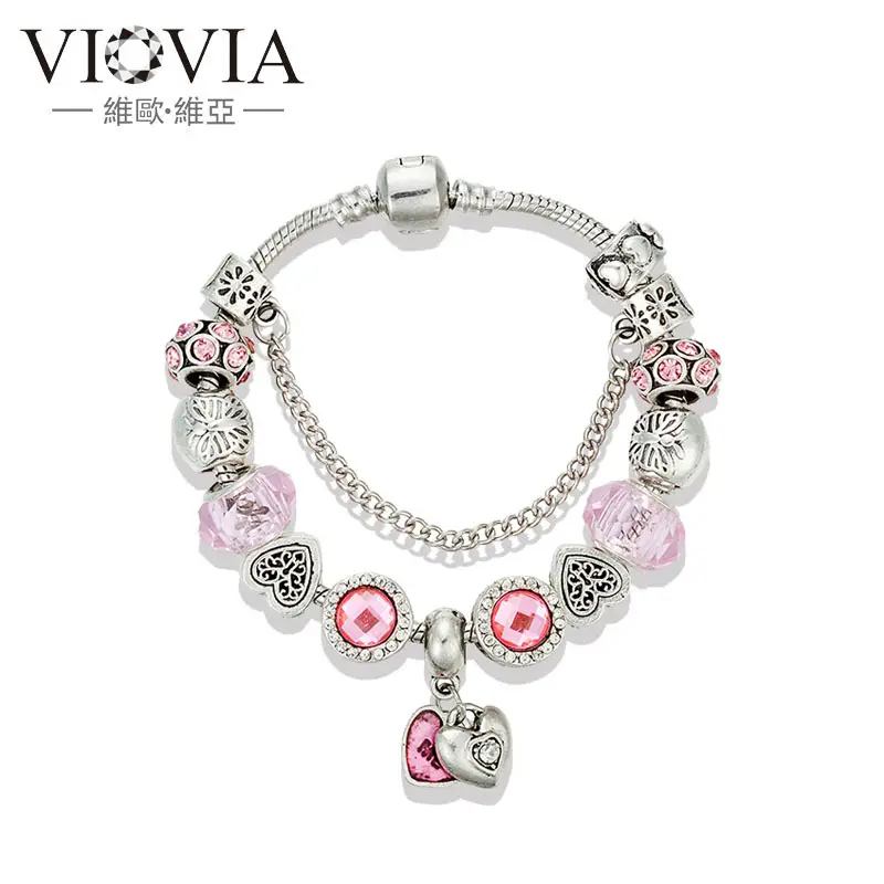 Silver Pink Glass Heart Pendant Bracelet for Women - Image 5