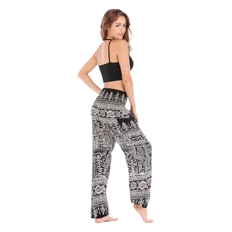 Women's Ethnic Printed Yoga Pants Black White Loose Fit