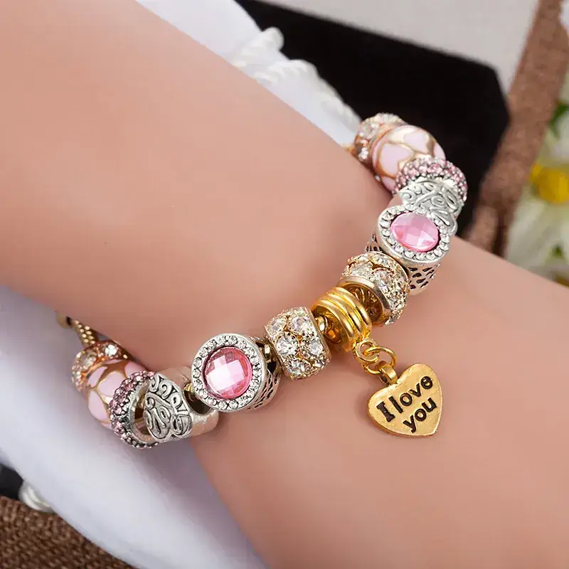 18K Gold Crown Beaded Bracelet with Love Charm - Image 2