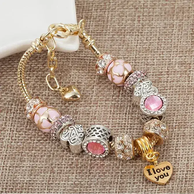 18K Gold Crown Beaded Bracelet with Love Charm - Image 3