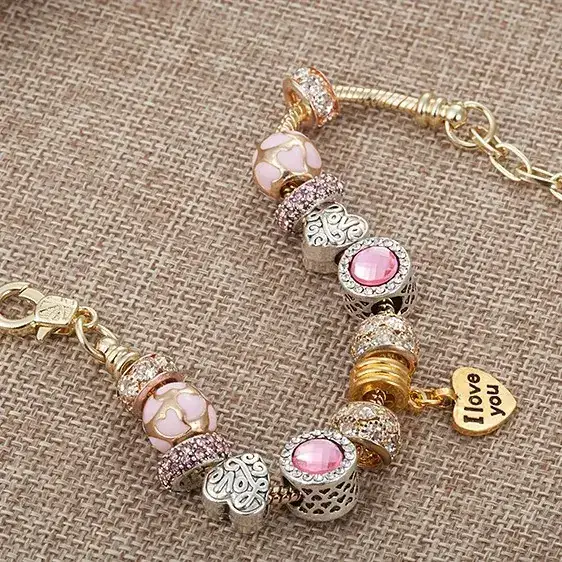 18K Gold Crown Beaded Bracelet with Love Charm - Image 4