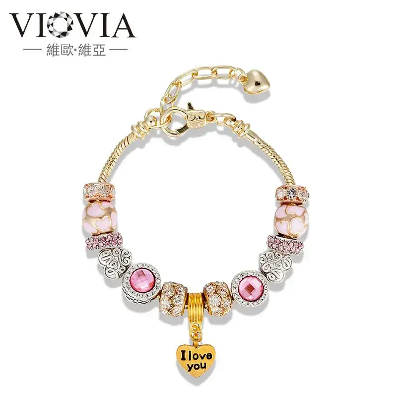 18K Gold Crown Beaded Bracelet with Love Charm - Image 5