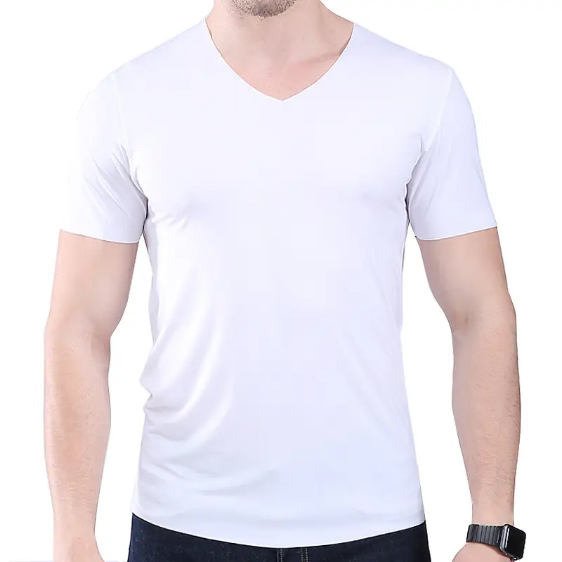 Ice Silk V-Neck Men's T-Shirt Black Short Sleeve