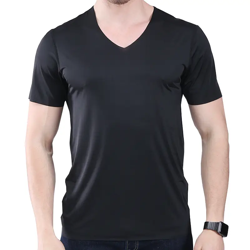 Ice Silk V-Neck Men's T-Shirt Black Short Sleeve