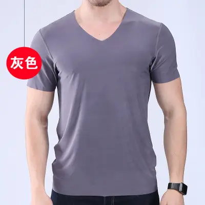 Ice Silk V-Neck Men's T-Shirt Black Short Sleeve