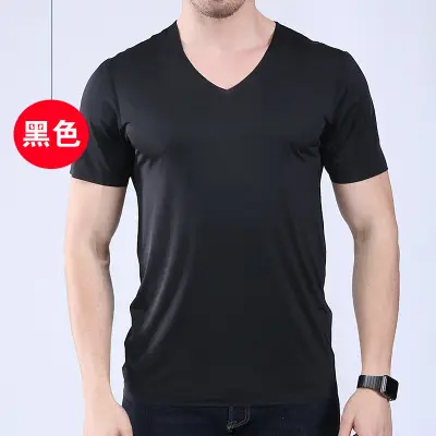 Ice Silk V-Neck Men's T-Shirt Black Short Sleeve