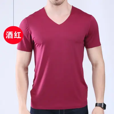 Ice Silk V-Neck Men's T-Shirt Black Short Sleeve