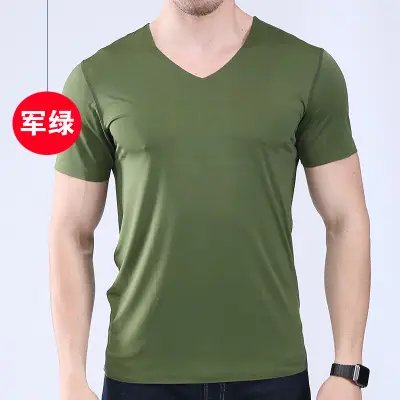Ice Silk V-Neck Men's T-Shirt Black Short Sleeve