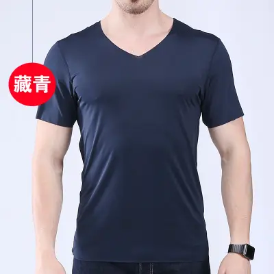 Ice Silk V-Neck Men's T-Shirt Black Short Sleeve