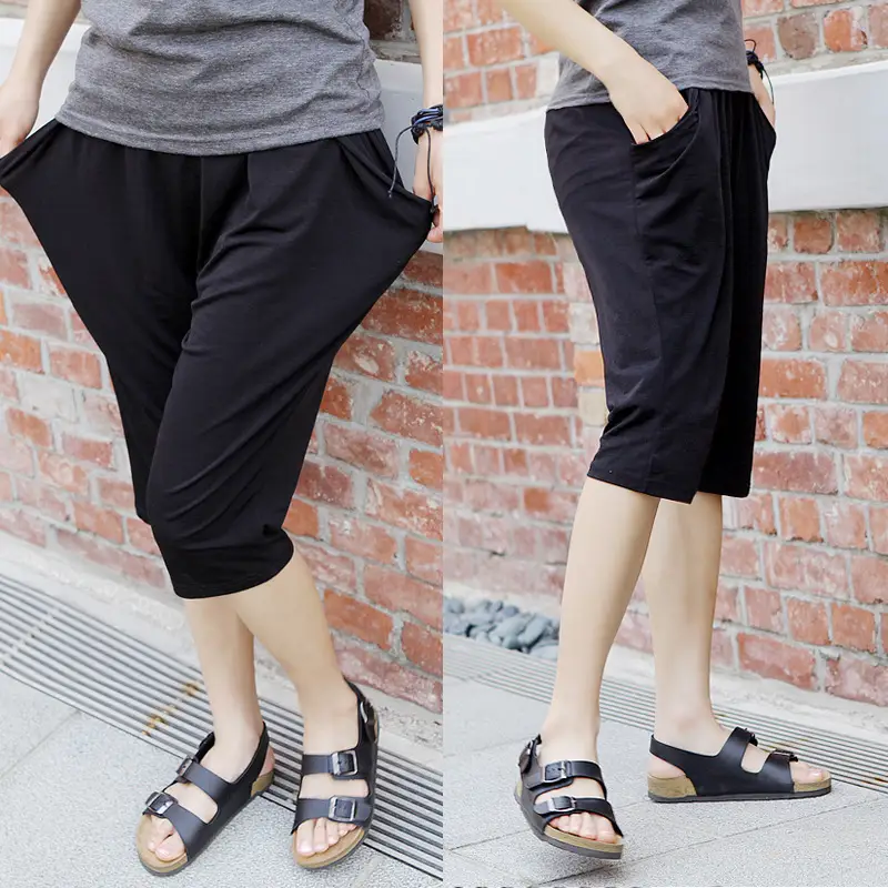 Women Black Capri Pants Elastic Waistband - Image 2