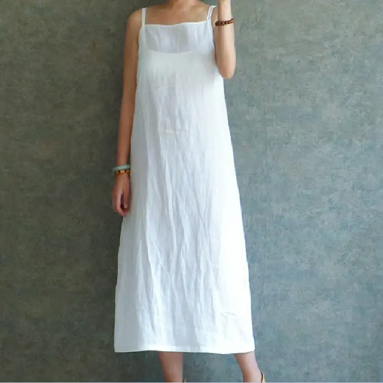 2018 Plus Size White Cotton Linen Camisole Dress - Image 7
