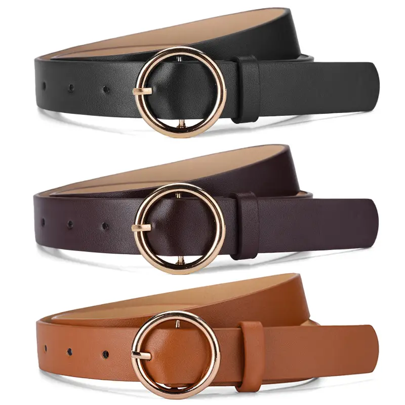 Women's Brown PU Leather Round Buckle Belt - Image 6