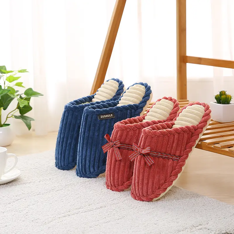 Autumn and Winter Non-Slip Men's and Women's Winter Warm Home Shoes with Bowknot Corduroy Plush Handmade Cotton Slippers with Added Fleece