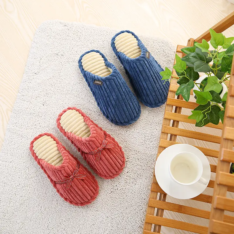 Autumn and Winter Non-Slip Men's and Women's Winter Warm Home Shoes with Bowknot Corduroy Plush Handmade Cotton Slippers with Added Fleece