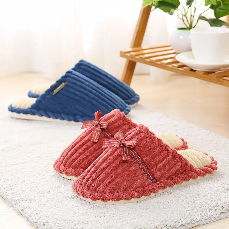 Autumn and Winter Non-Slip Men's and Women's Winter Warm Home Shoes with Bowknot Corduroy Plush Handmade Cotton Slippers with Added Fleece