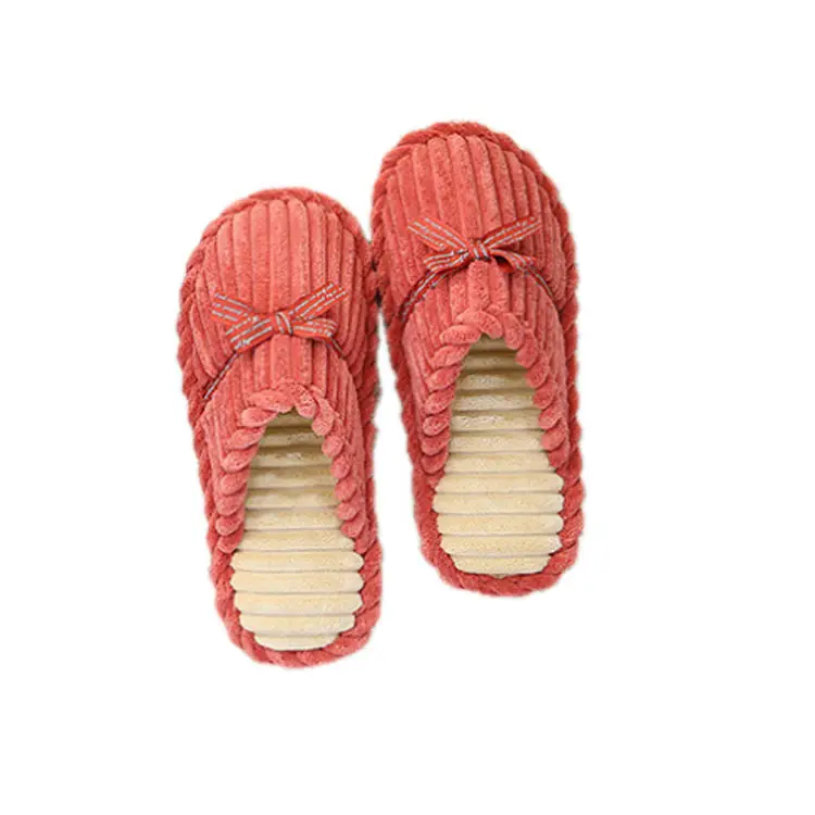 Autumn and Winter Non-Slip Men's and Women's Winter Warm Home Shoes with Bowknot Corduroy Plush Handmade Cotton Slippers with Added Fleece