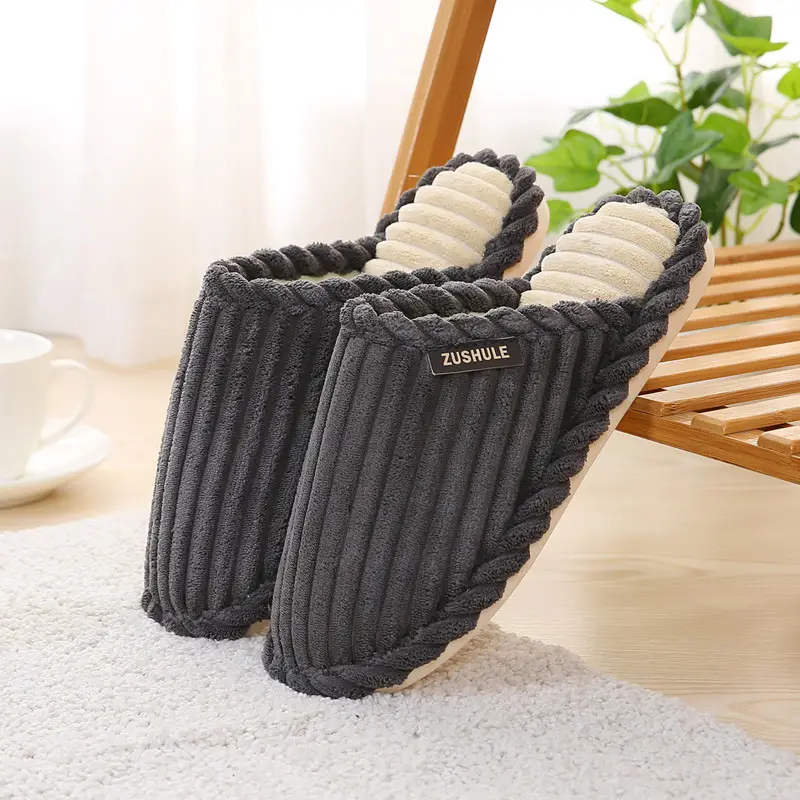 Autumn and Winter Non-Slip Men's and Women's Winter Warm Home Shoes with Bowknot Corduroy Plush Handmade Cotton Slippers with Added Fleece