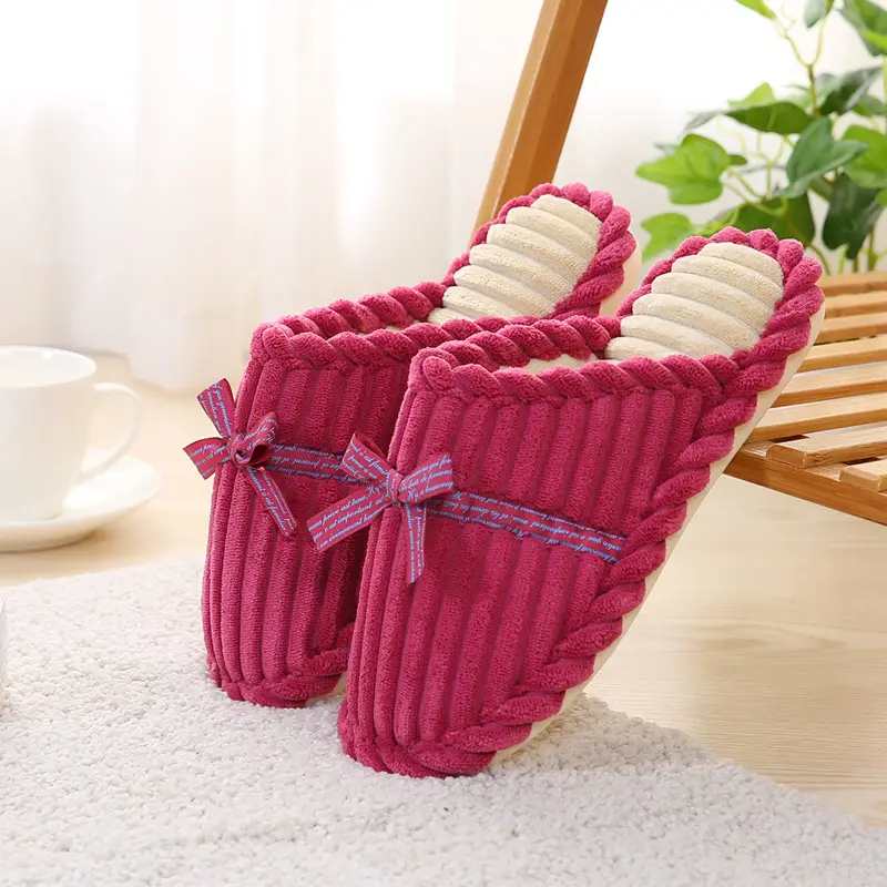 Autumn and Winter Non-Slip Men's and Women's Winter Warm Home Shoes with Bowknot Corduroy Plush Handmade Cotton Slippers with Added Fleece