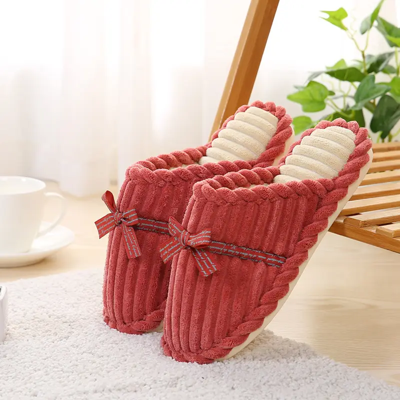 Autumn and Winter Non-Slip Men's and Women's Winter Warm Home Shoes with Bowknot Corduroy Plush Handmade Cotton Slippers with Added Fleece
