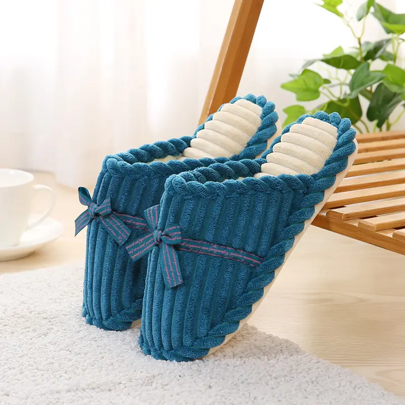 Autumn and Winter Non-Slip Men's and Women's Winter Warm Home Shoes with Bowknot Corduroy Plush Handmade Cotton Slippers with Added Fleece