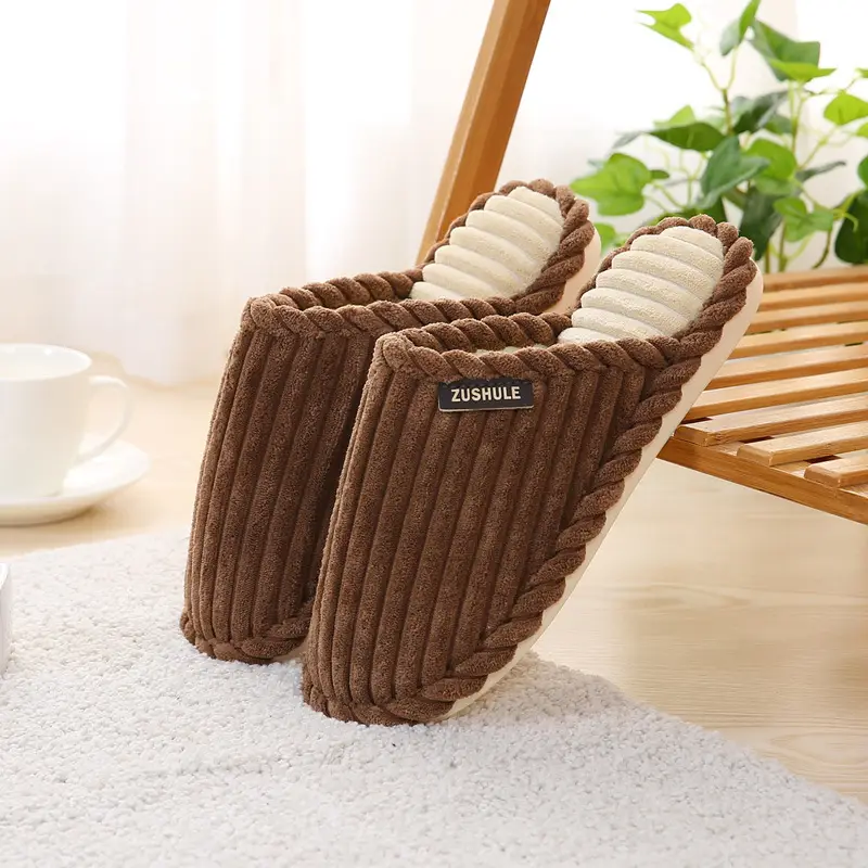 Autumn and Winter Non-Slip Men's and Women's Winter Warm Home Shoes with Bowknot Corduroy Plush Handmade Cotton Slippers with Added Fleece