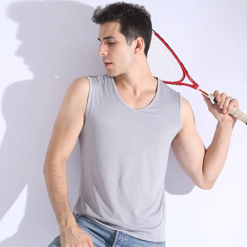 Men V-Neck Sleeveless Vest Mesh Grey