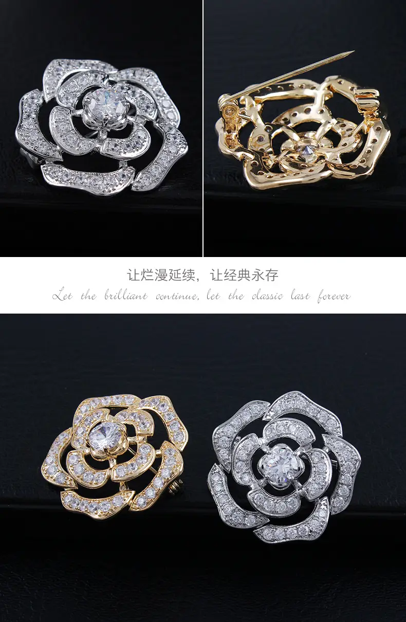 Classic Crystal Camellia Brooch Women High-end Zircon Anti-light Pin — feature 10
