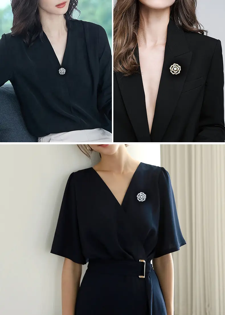 Classic Crystal Camellia Brooch Women High-end Zircon Anti-light Pin — feature 5