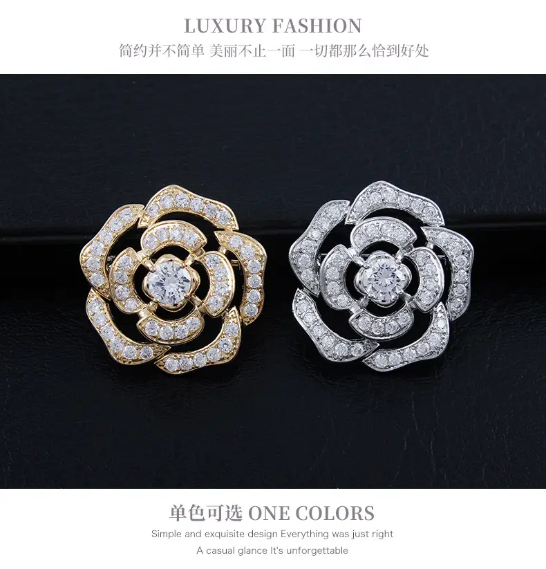 Classic Crystal Camellia Brooch Women High-end Zircon Anti-light Pin — feature 8