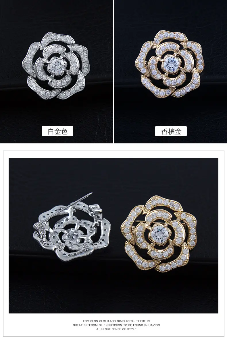 Classic Crystal Camellia Brooch Women High-end Zircon Anti-light Pin — feature 9